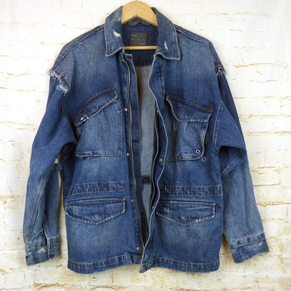 Zara Man 1975 Denim Field Jacket Men L Blue Utility Distress Embellished Grunge - Picture 10 of 14